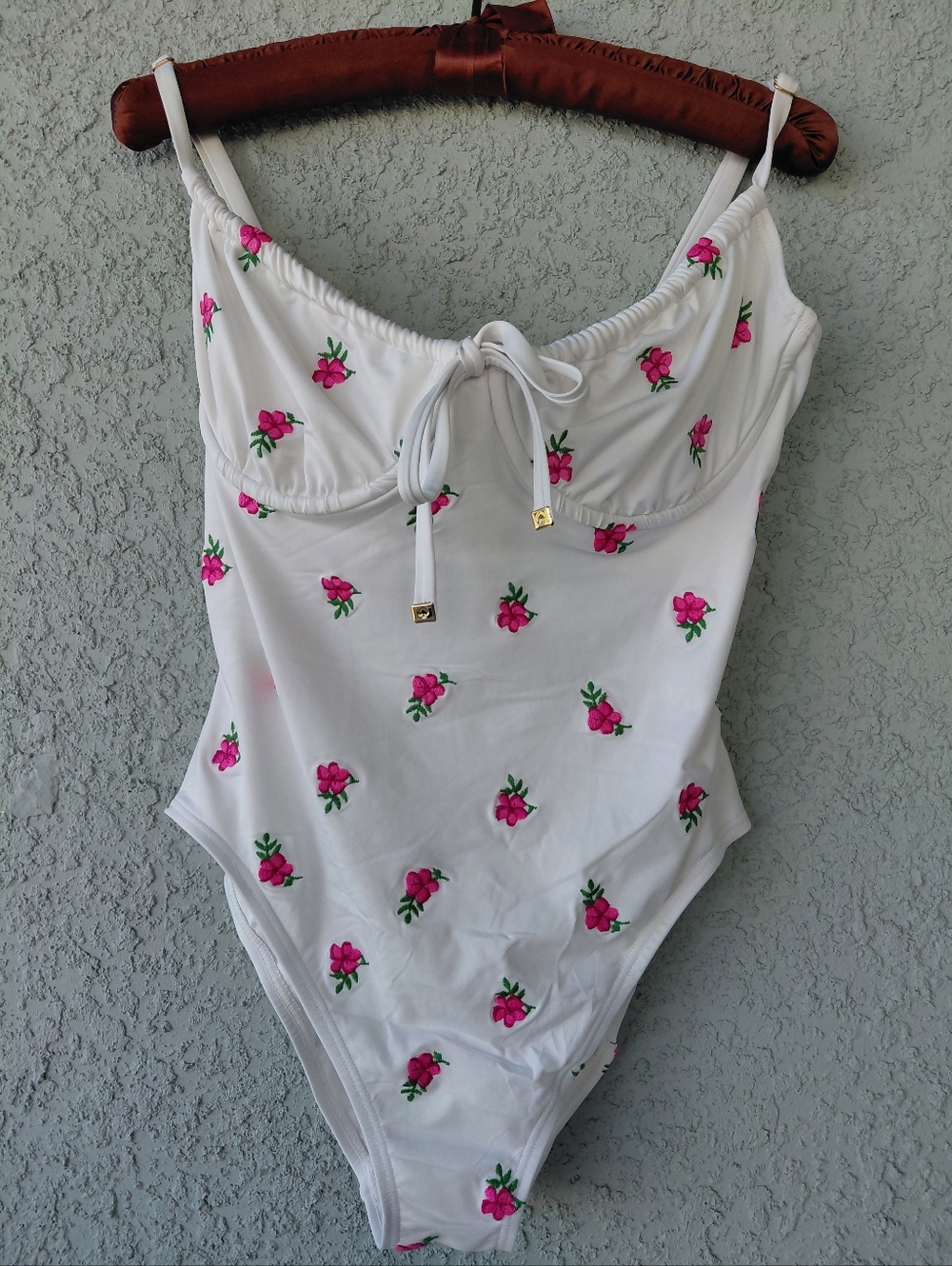 Kate Spade New York One Piece Swimsuit White Floral Embroidered Tie Front Size L